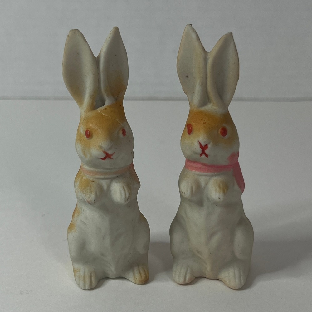 Vtg Japan Ceramic Bunny Rabbit Figurines Pair Easter Decor Pink Bows Crown Mark